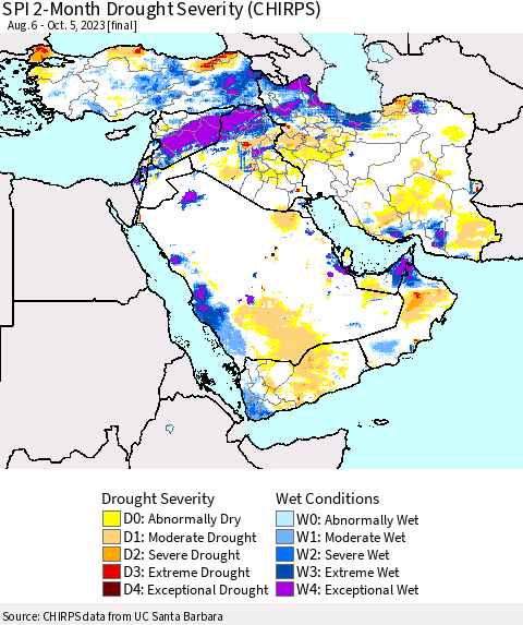 Middle East and Turkey SPI 2-Month Drought Severity (CHIRPS) Thematic Map For 8/6/2023 - 10/5/2023
