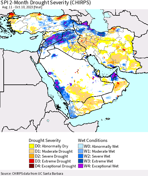 Middle East and Turkey SPI 2-Month Drought Severity (CHIRPS) Thematic Map For 8/11/2023 - 10/10/2023