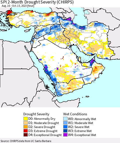 Middle East and Turkey SPI 2-Month Drought Severity (CHIRPS) Thematic Map For 8/16/2023 - 10/15/2023