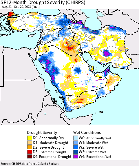 Middle East and Turkey SPI 2-Month Drought Severity (CHIRPS) Thematic Map For 8/21/2023 - 10/20/2023