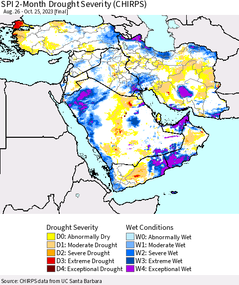 Middle East and Turkey SPI 2-Month Drought Severity (CHIRPS) Thematic Map For 8/26/2023 - 10/25/2023