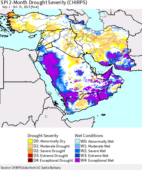 Middle East and Turkey SPI 2-Month Drought Severity (CHIRPS) Thematic Map For 9/1/2023 - 10/31/2023