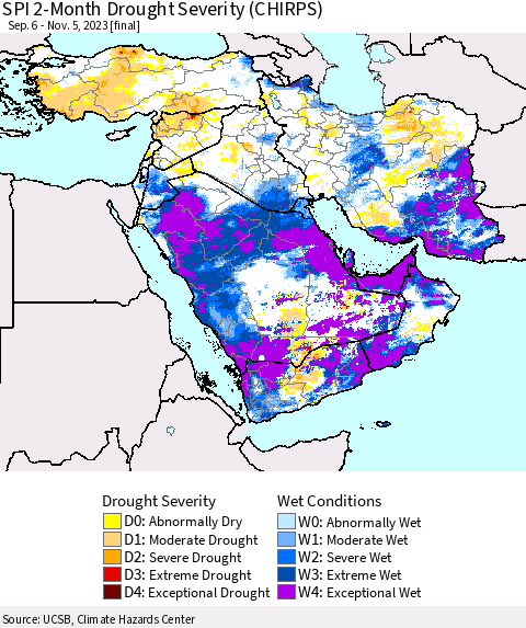 Middle East and Turkey SPI 2-Month Drought Severity (CHIRPS) Thematic Map For 9/6/2023 - 11/5/2023