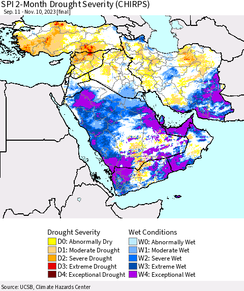 Middle East and Turkey SPI 2-Month Drought Severity (CHIRPS) Thematic Map For 9/11/2023 - 11/10/2023