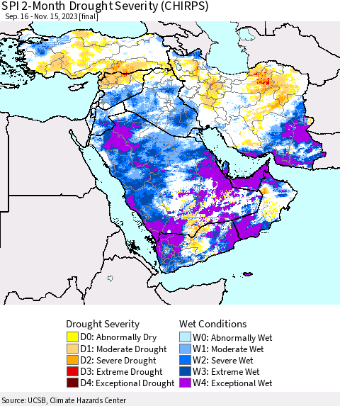 Middle East and Turkey SPI 2-Month Drought Severity (CHIRPS) Thematic Map For 9/16/2023 - 11/15/2023