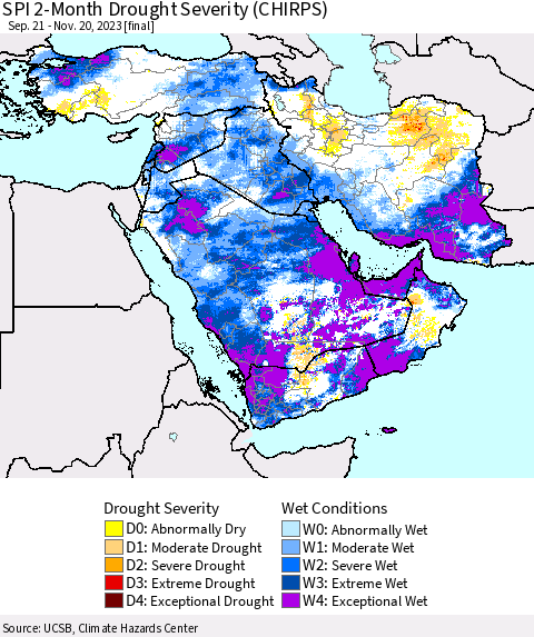Middle East and Turkey SPI 2-Month Drought Severity (CHIRPS) Thematic Map For 9/21/2023 - 11/20/2023