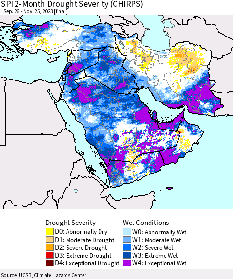 Middle East and Turkey SPI 2-Month Drought Severity (CHIRPS) Thematic Map For 9/26/2023 - 11/25/2023