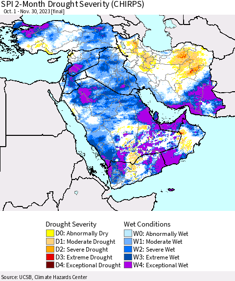 Middle East and Turkey SPI 2-Month Drought Severity (CHIRPS) Thematic Map For 10/1/2023 - 11/30/2023