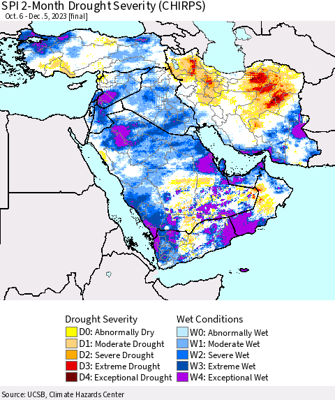 Middle East and Turkey SPI 2-Month Drought Severity (CHIRPS) Thematic Map For 10/6/2023 - 12/5/2023