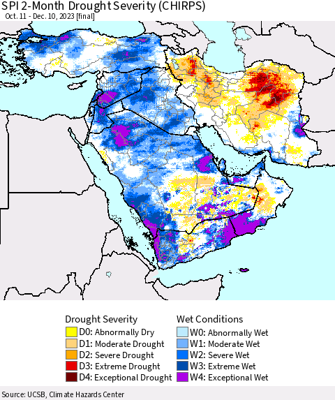 Middle East and Turkey SPI 2-Month Drought Severity (CHIRPS) Thematic Map For 10/11/2023 - 12/10/2023