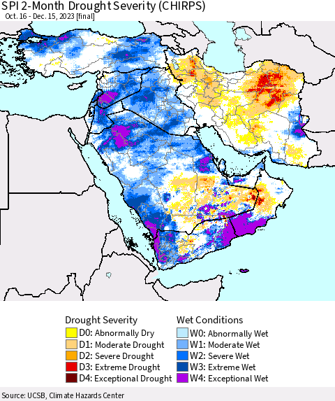 Middle East and Turkey SPI 2-Month Drought Severity (CHIRPS) Thematic Map For 10/16/2023 - 12/15/2023