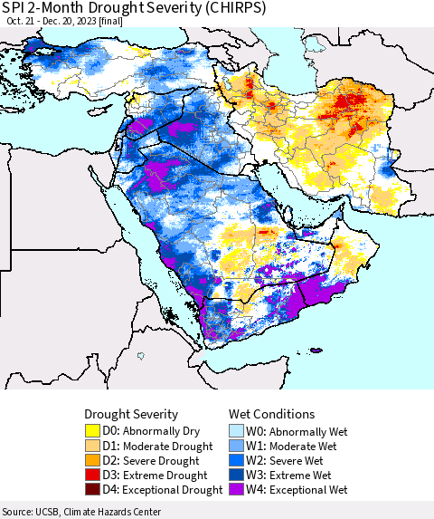 Middle East and Turkey SPI 2-Month Drought Severity (CHIRPS) Thematic Map For 10/21/2023 - 12/20/2023
