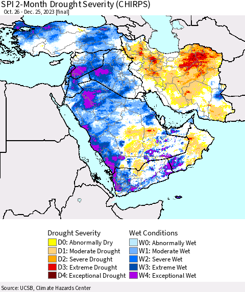 Middle East and Turkey SPI 2-Month Drought Severity (CHIRPS) Thematic Map For 10/26/2023 - 12/25/2023