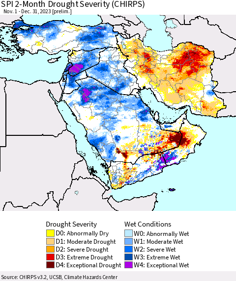 Middle East and Turkey SPI 2-Month Drought Severity (CHIRPS) Thematic Map For 11/1/2023 - 12/31/2023