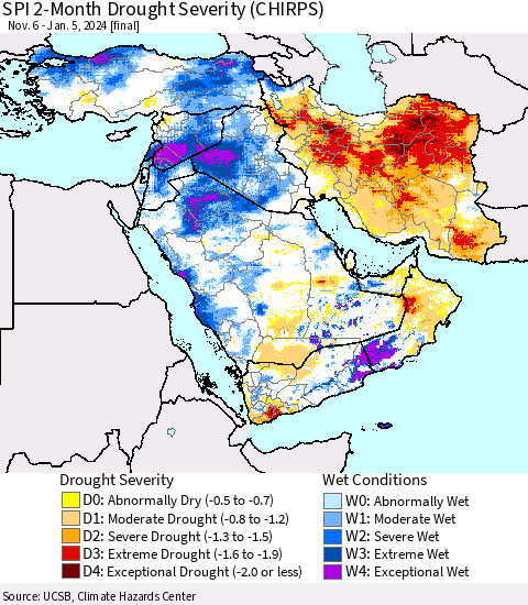 Middle East and Turkey SPI 2-Month Drought Severity (CHIRPS) Thematic Map For 11/6/2023 - 1/5/2024