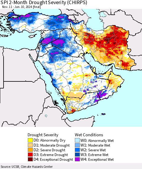 Middle East and Turkey SPI 2-Month Drought Severity (CHIRPS) Thematic Map For 11/11/2023 - 1/10/2024