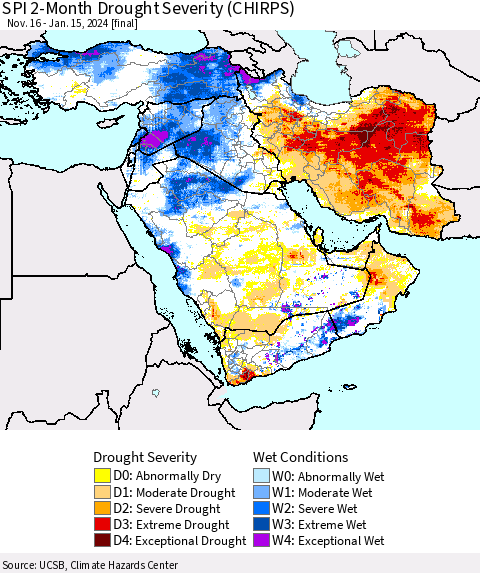 Middle East and Turkey SPI 2-Month Drought Severity (CHIRPS) Thematic Map For 11/16/2023 - 1/15/2024