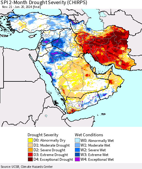 Middle East and Turkey SPI 2-Month Drought Severity (CHIRPS) Thematic Map For 11/21/2023 - 1/20/2024