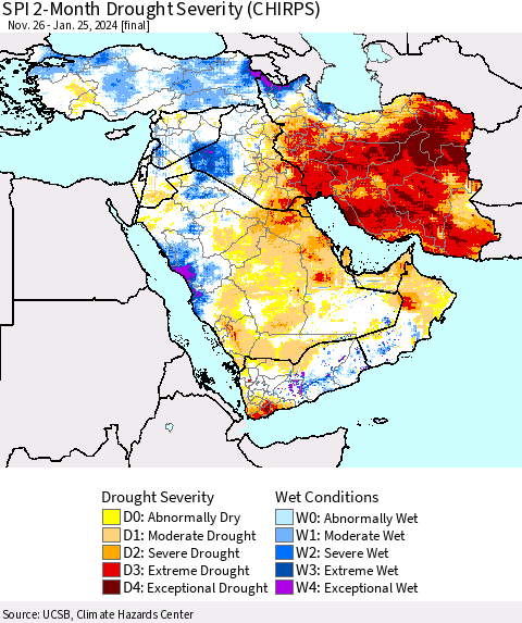 Middle East and Turkey SPI 2-Month Drought Severity (CHIRPS) Thematic Map For 11/26/2023 - 1/25/2024