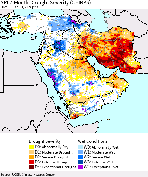 Middle East and Turkey SPI 2-Month Drought Severity (CHIRPS) Thematic Map For 12/1/2023 - 1/31/2024