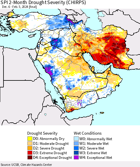 Middle East and Turkey SPI 2-Month Drought Severity (CHIRPS) Thematic Map For 12/6/2023 - 2/5/2024