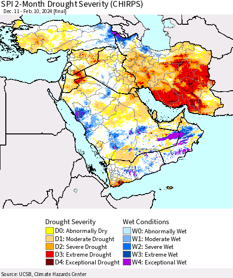 Middle East and Turkey SPI 2-Month Drought Severity (CHIRPS) Thematic Map For 12/11/2023 - 2/10/2024