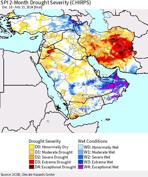 Middle East and Turkey SPI 2-Month Drought Severity (CHIRPS) Thematic Map For 12/16/2023 - 2/15/2024