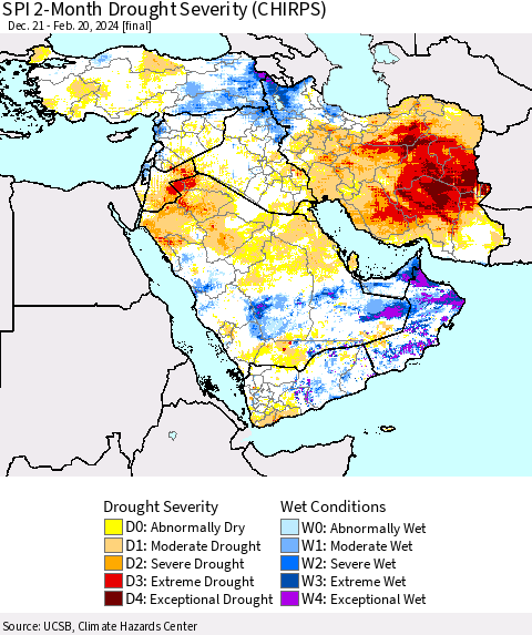 Middle East and Turkey SPI 2-Month Drought Severity (CHIRPS) Thematic Map For 12/21/2023 - 2/20/2024
