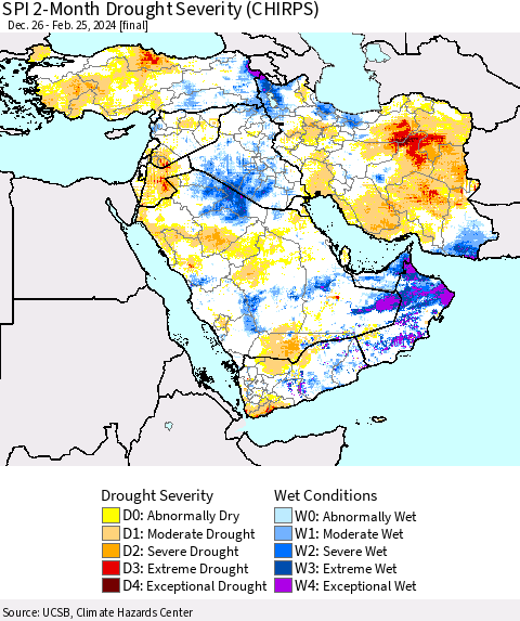 Middle East and Turkey SPI 2-Month Drought Severity (CHIRPS) Thematic Map For 12/26/2023 - 2/25/2024