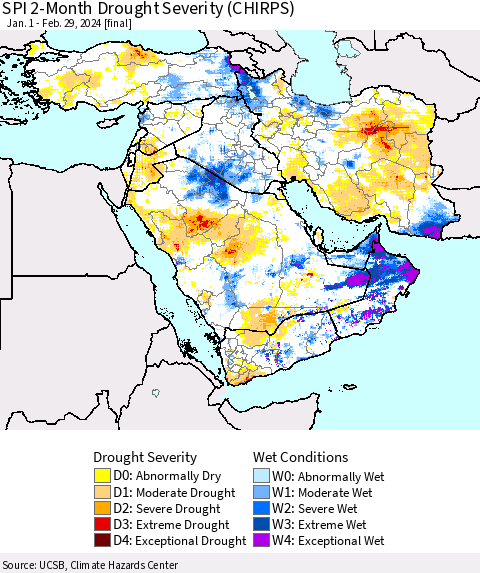 Middle East and Turkey SPI 2-Month Drought Severity (CHIRPS) Thematic Map For 1/1/2024 - 2/29/2024