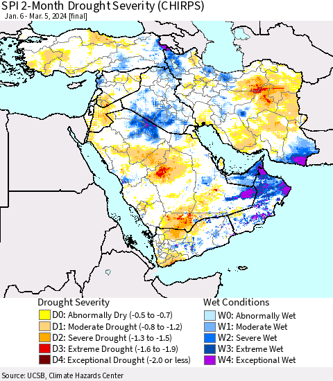 Middle East and Turkey SPI 2-Month Drought Severity (CHIRPS) Thematic Map For 1/6/2024 - 3/5/2024