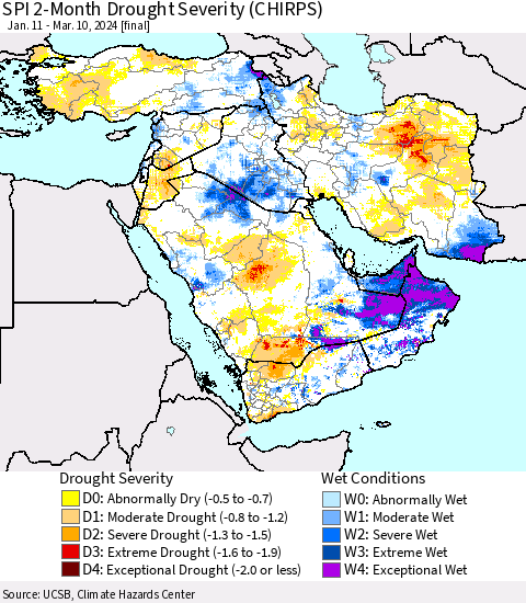 Middle East and Turkey SPI 2-Month Drought Severity (CHIRPS) Thematic Map For 1/11/2024 - 3/10/2024