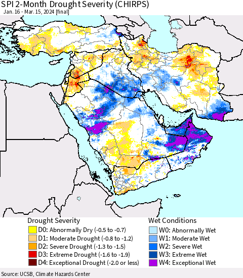Middle East and Turkey SPI 2-Month Drought Severity (CHIRPS) Thematic Map For 1/16/2024 - 3/15/2024