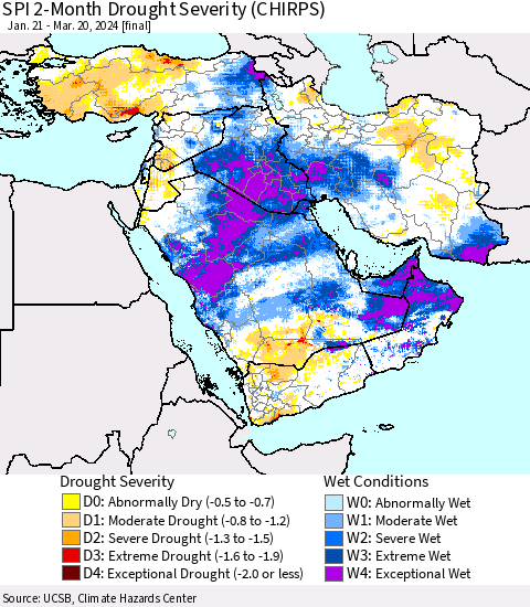 Middle East and Turkey SPI 2-Month Drought Severity (CHIRPS) Thematic Map For 1/21/2024 - 3/20/2024