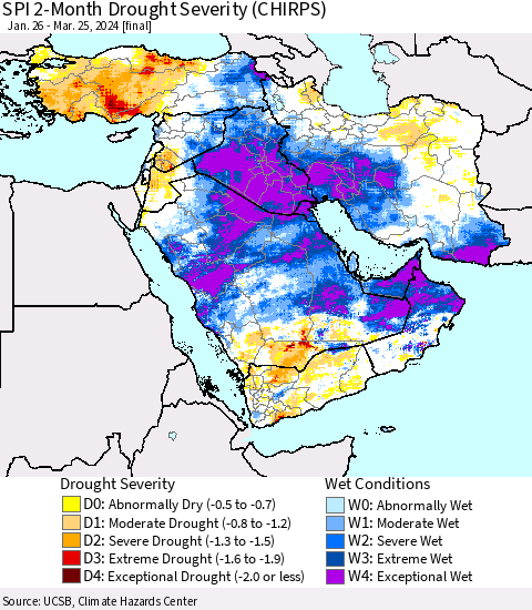 Middle East and Turkey SPI 2-Month Drought Severity (CHIRPS) Thematic Map For 1/26/2024 - 3/25/2024