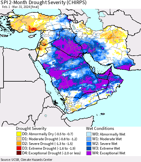 Middle East and Turkey SPI 2-Month Drought Severity (CHIRPS) Thematic Map For 2/1/2024 - 3/31/2024