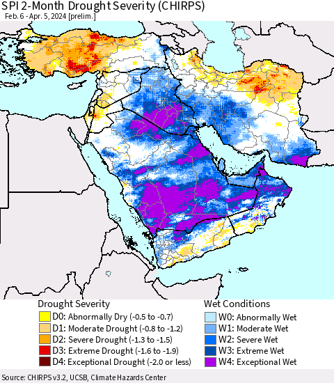 Middle East and Turkey SPI 2-Month Drought Severity (CHIRPS) Thematic Map For 2/6/2024 - 4/5/2024