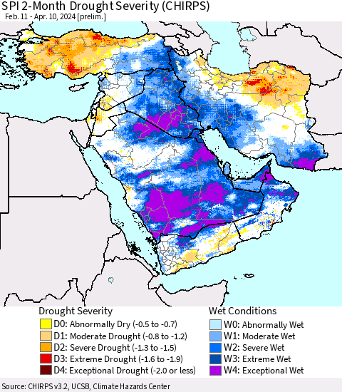 Middle East and Turkey SPI 2-Month Drought Severity (CHIRPS) Thematic Map For 2/11/2024 - 4/10/2024