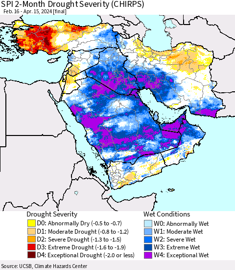 Middle East and Turkey SPI 2-Month Drought Severity (CHIRPS) Thematic Map For 2/16/2024 - 4/15/2024