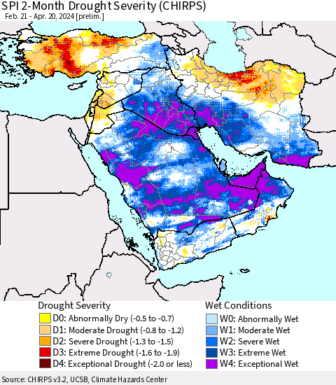 Middle East and Turkey SPI 2-Month Drought Severity (CHIRPS) Thematic Map For 2/21/2024 - 4/20/2024