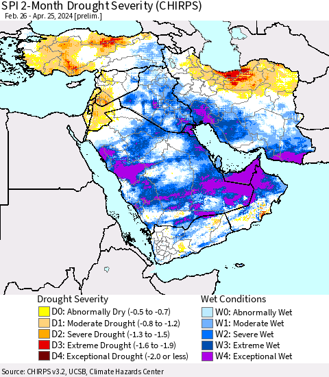 Middle East and Turkey SPI 2-Month Drought Severity (CHIRPS) Thematic Map For 2/26/2024 - 4/25/2024