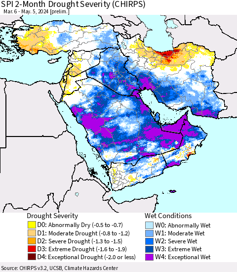 Middle East and Turkey SPI 2-Month Drought Severity (CHIRPS) Thematic Map For 3/6/2024 - 5/5/2024