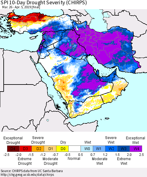 Middle East and Turkey SPI 10-Day Drought Severity (CHIRPS) Thematic Map For 3/26/2019 - 4/5/2019