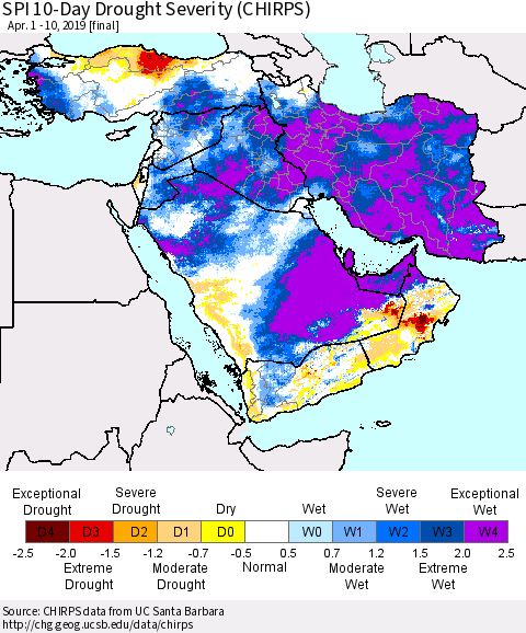 Middle East and Turkey SPI 10-Day Drought Severity (CHIRPS) Thematic Map For 4/1/2019 - 4/10/2019