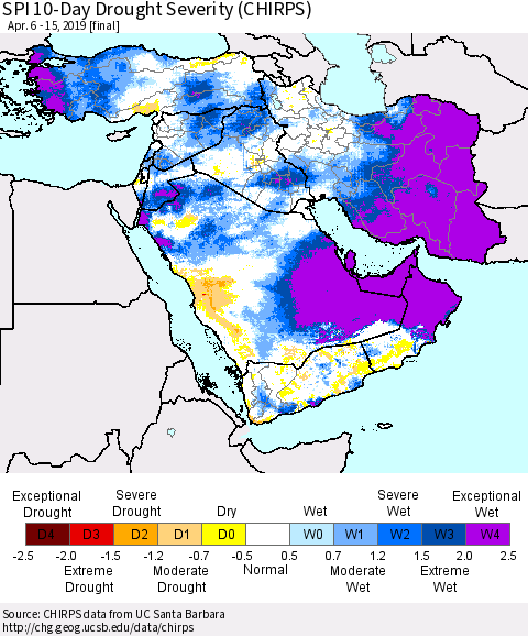 Middle East and Turkey SPI 10-Day Drought Severity (CHIRPS) Thematic Map For 4/6/2019 - 4/15/2019