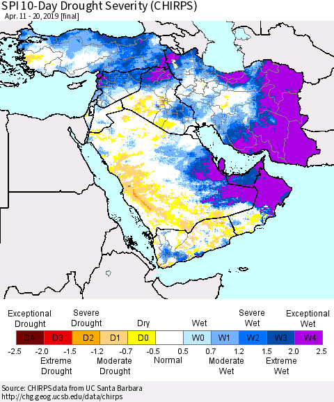 Middle East and Turkey SPI 10-Day Drought Severity (CHIRPS) Thematic Map For 4/11/2019 - 4/20/2019