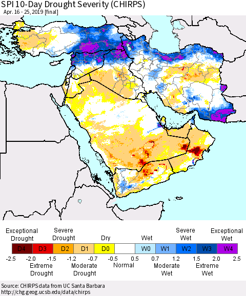Middle East and Turkey SPI 10-Day Drought Severity (CHIRPS) Thematic Map For 4/16/2019 - 4/25/2019