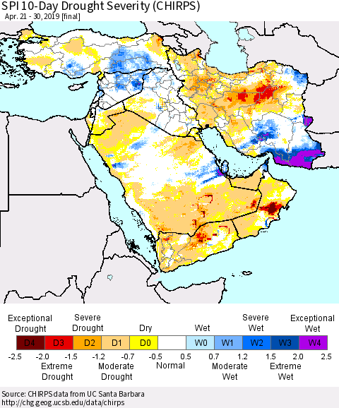 Middle East and Turkey SPI 10-Day Drought Severity (CHIRPS) Thematic Map For 4/21/2019 - 4/30/2019