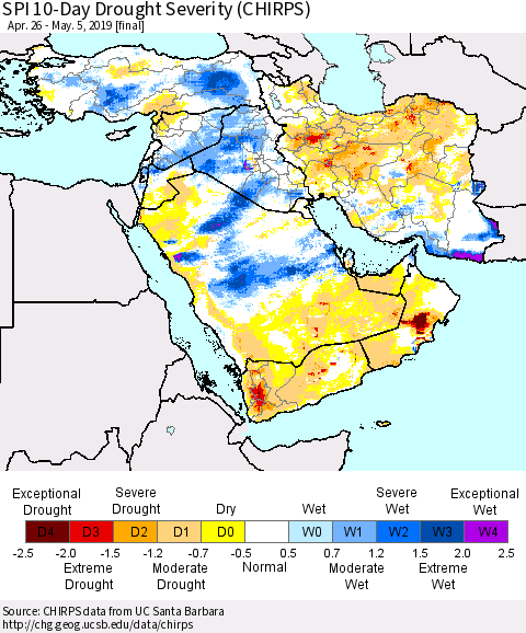 Middle East and Turkey SPI 10-Day Drought Severity (CHIRPS) Thematic Map For 4/26/2019 - 5/5/2019