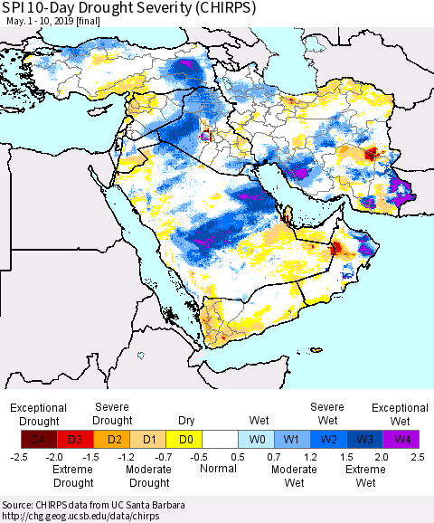 Middle East and Turkey SPI 10-Day Drought Severity (CHIRPS) Thematic Map For 5/1/2019 - 5/10/2019